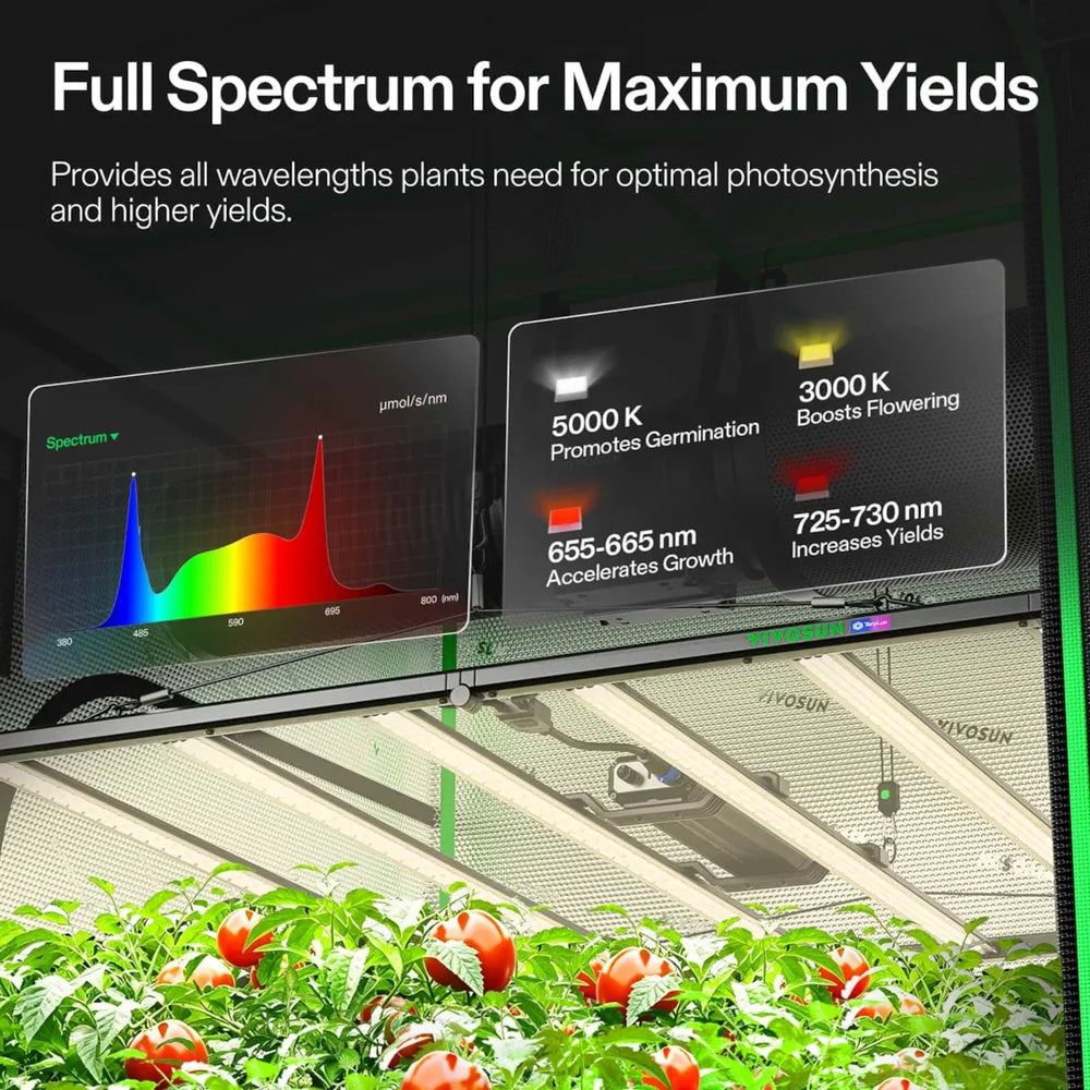 Vivosun 5x5 Smart Grow Tent Kit – 750W LumaLight & GrowHub E42A+ Grow light spectrum display showing a full-color IR/visible/near-IR spectrum graph and illuminated panels labeled 5000 K, 3000 K, 655-665 nm, and 725-730 nm, above a greenhouse row of tomato plants with ripe red tomatoes.