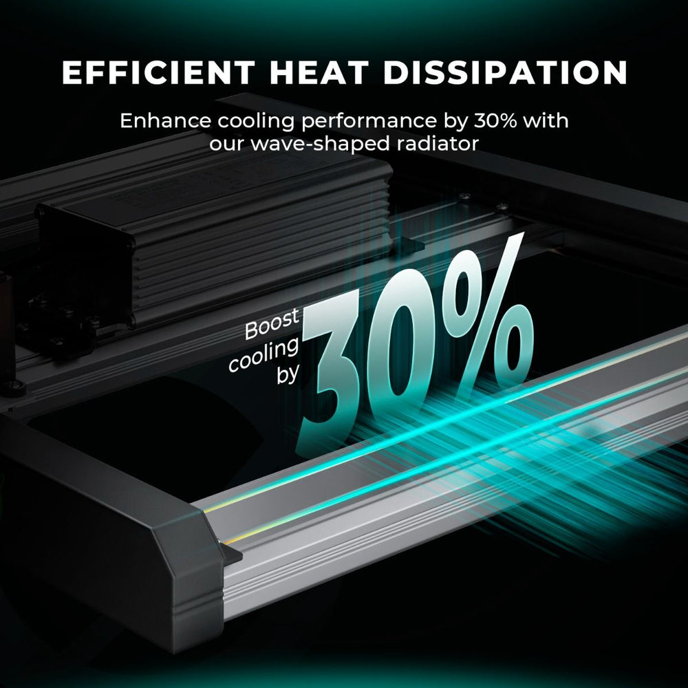 Mars Hydro FC3000 300W LED 3.3' x 3.3' Complete Grow Tent Kit Wave-shaped radiator with text highlighting efficient heat dissipation and 30% cooling boost.