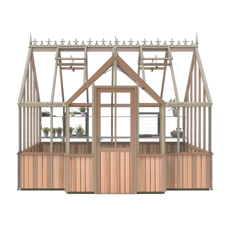 Cambridge T-Shaped Cedar Half-Boarded Greenhouse – Elegant Portico Design, Premium Cedar Frame