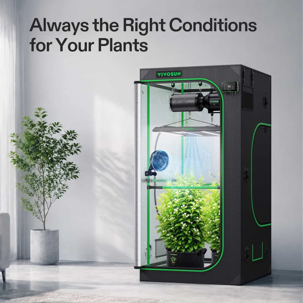 Vivosun 3x3 Smart Grow Tent Kit Pro growing plants under AeroLight Gen2 350W with smart ventilation and airflow control