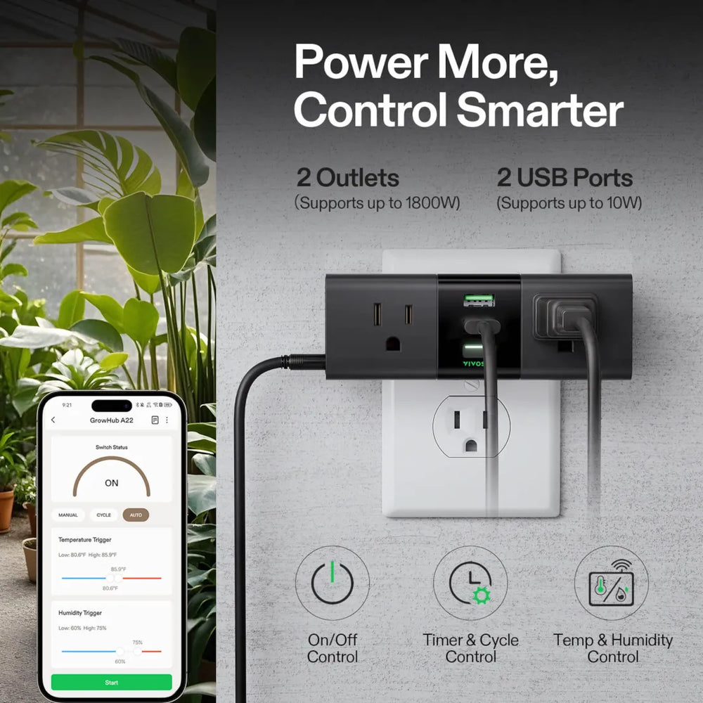 Vivosun GrowHub A22 Controller – Smart WiFi Environmental Control, connected to a smartphone app, on a neutral background.