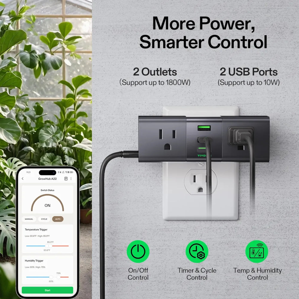 Vivosun 4x4 Starter Grow Tent Kit – 400W LumaLight & GrowHub A22 A smart power strip with two outlets and two USB ports shown plugged in on a light gray wall, alongside a smartphone app screen and marketing text. The product is a dark gray/black power strip with illuminated green status indicators.