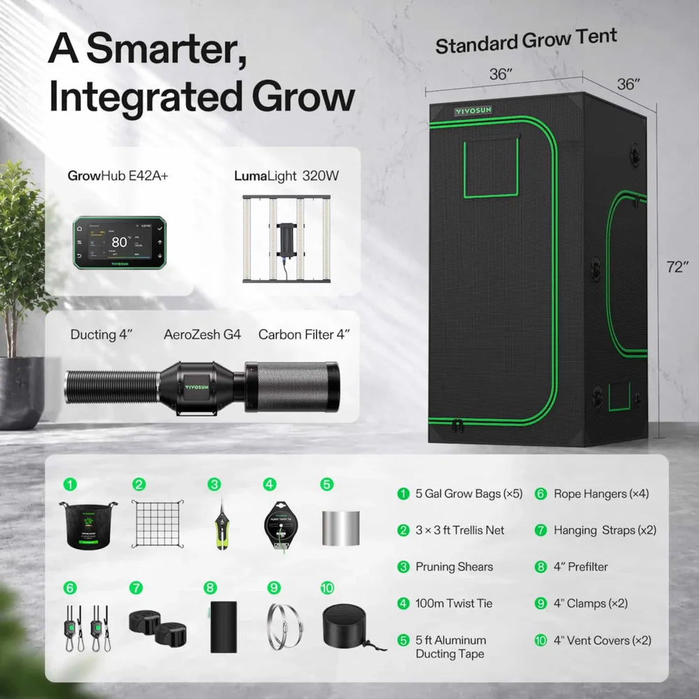 Vivosun 3x3 Smart Grow Tent Kit – 320W LumaLight & GrowHub E42A+ with integrated grow light, shown with accessories and feature callouts on a light gray background. The black tent has bright green trim and dimensions are labeled as 36" x 36" x 72".