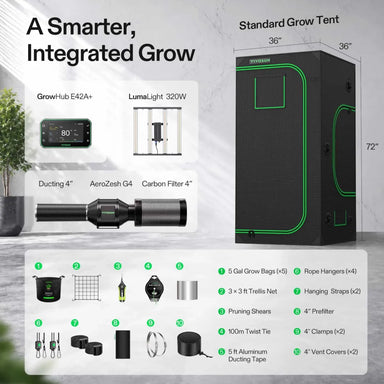 Vivosun 3x3 Smart Grow Tent Kit – 320W LumaLight & GrowHub E42A+ with integrated grow light, shown with accessories and feature callouts on a light gray background. The black tent has bright green trim and dimensions are labeled as 36" x 36" x 72".