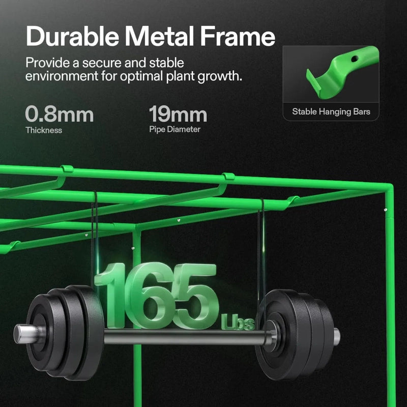 VIVOSUN Grow Tent S888 – 8x8 ft Green metal frame with hanging bars and text about durability and load capacity on a black background
