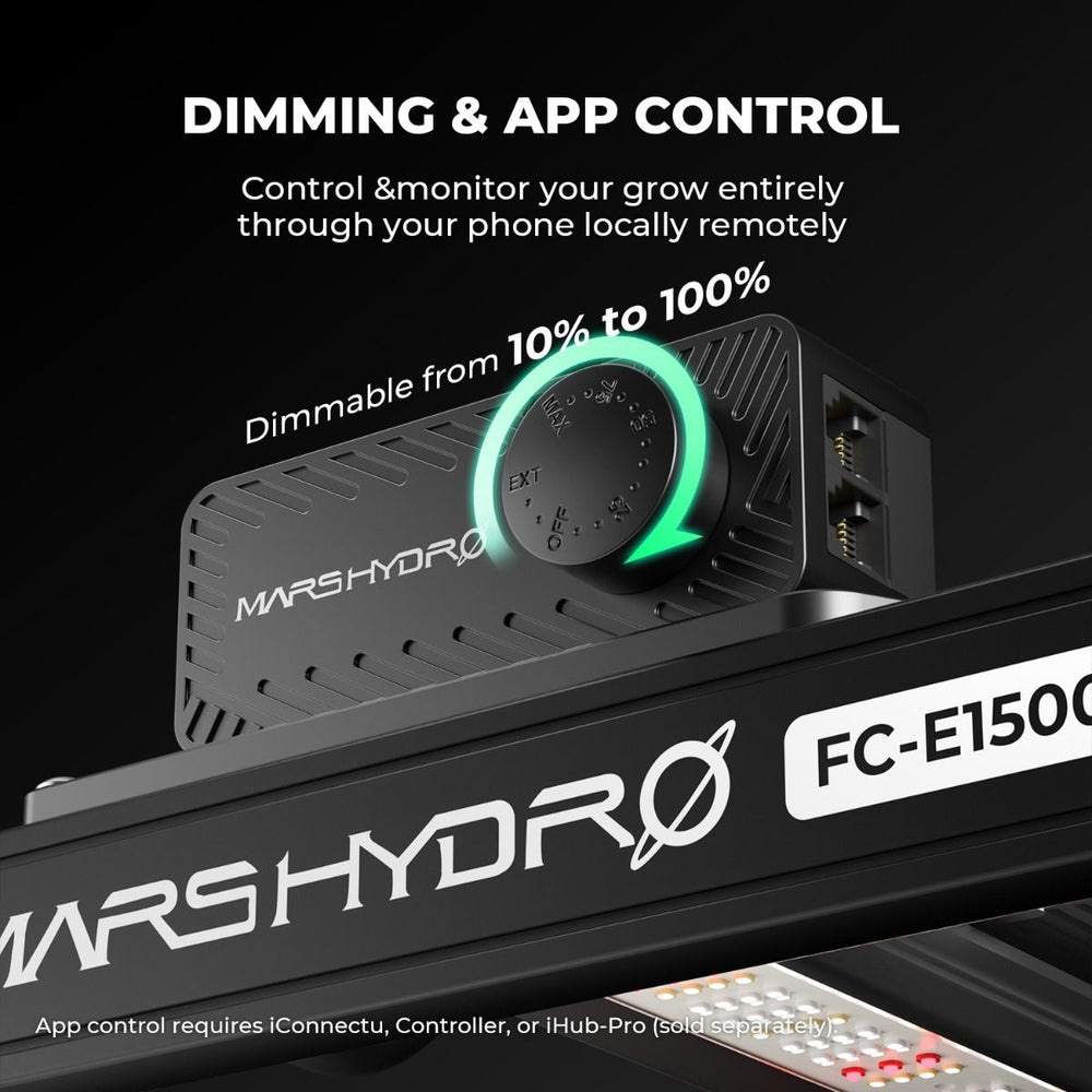 Mars Hydro FC-E4800 480W LED 4x4 Complete Grow Tent Kit Mars Hydro FC-E1500 grow light control panel with app control features on a black background