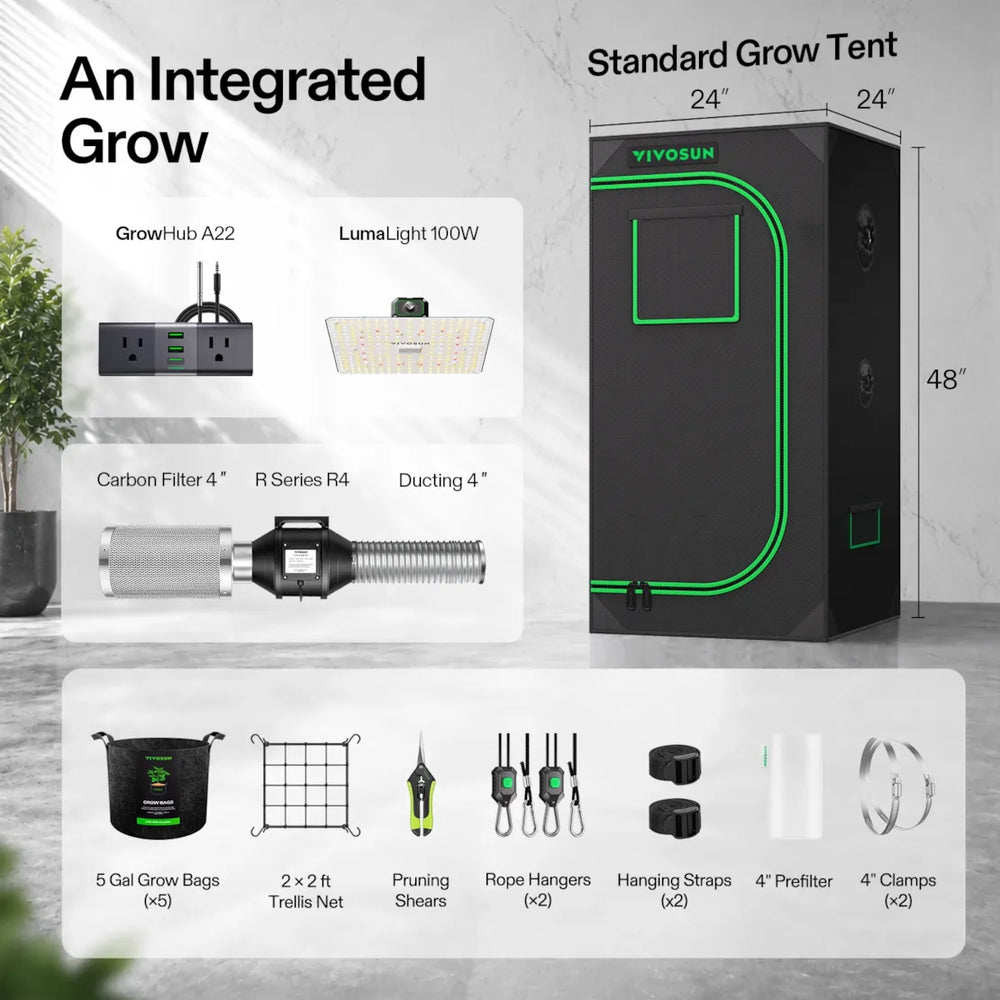 Vivosun 2x2 Starter Grow Tent Kit – 100W LumaLight & GrowHub A22 with all included accessories on white background 
