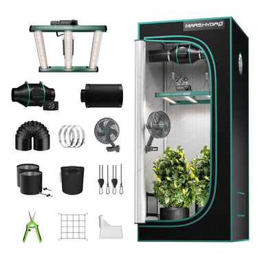 Mars Hydro FC1500 150W LED 2.3' x 2.3' Complete Grow Tent Kit with all components that are included on white background 