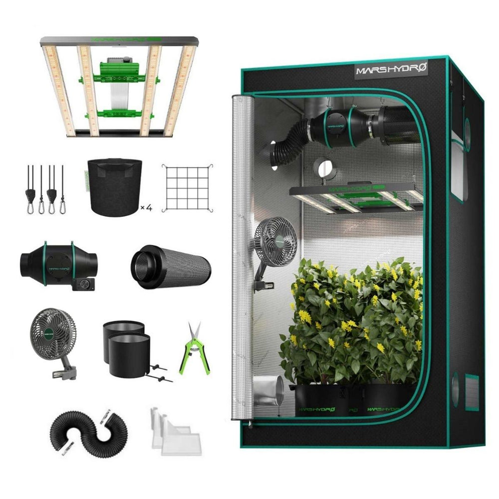 Mars Hydro FC3000 300W LED 3.3' x 3.3' Complete Grow Tent Kit with all included accessories on white background 