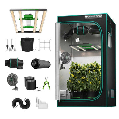 Mars Hydro FC3000 300W LED 3.3' x 3.3' Complete Grow Tent Kit with all included accessories on white background 