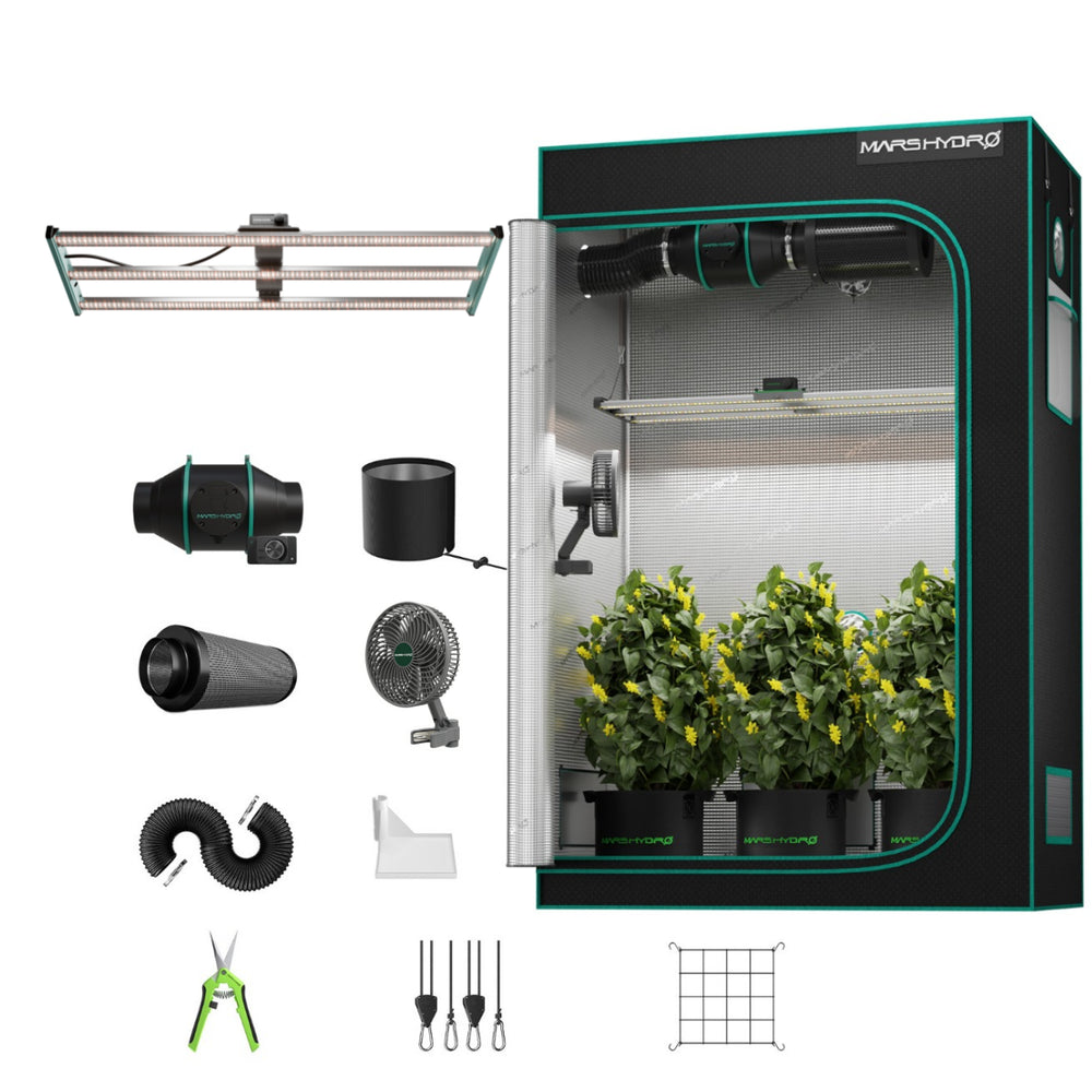 Mars Hydro FC4000 320W LED 2x4 Complete Grow Tent Kit Green hydroponic grow tent with various components on a white background