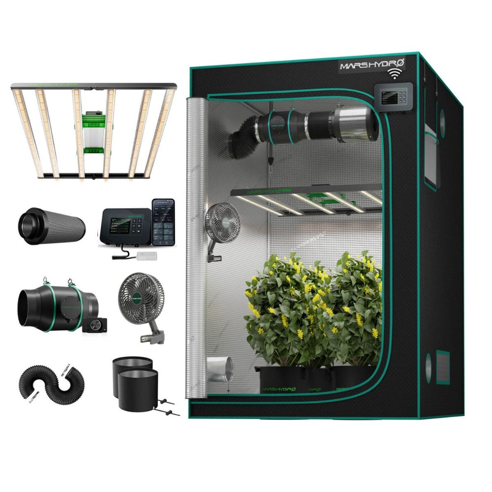 Mars Hydro FC4800 480W 4x4 Smart Grow Tent Kit with iControl A MarshHydro smart grow tent kit shown on a white background, featuring the black tent with teal trim, interior grow lights, ventilation ducts, fans, humidifier, controller, and several accessories. Plants are visible inside the tent.