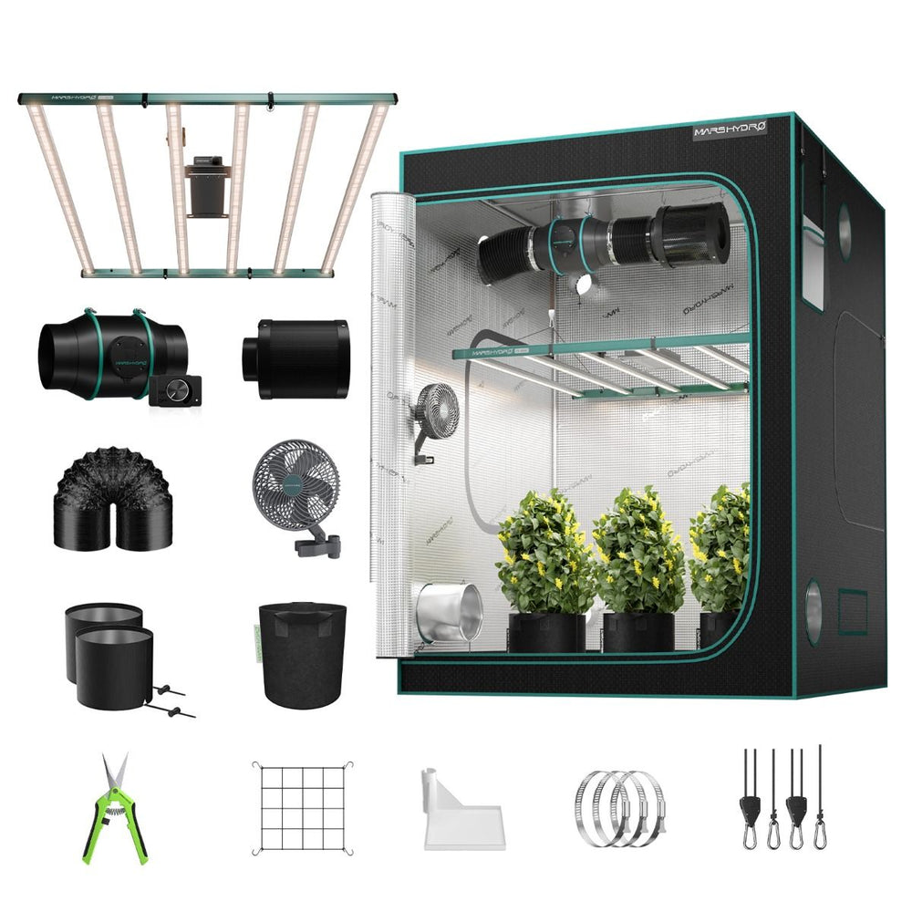 Mars Hydro FC6500 730W 5x5 Complete Grow Tent Kit Complete indoor gardening kit with grow tent, lights, fans, and accessories on a white background.