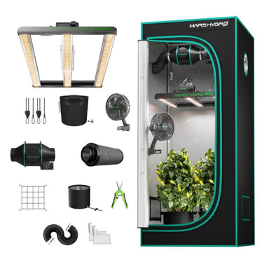 Mars Hydro FC-E1500 150W LED 2.3' x 2.3' Complete Grow Tent Kit included accessories on white background 