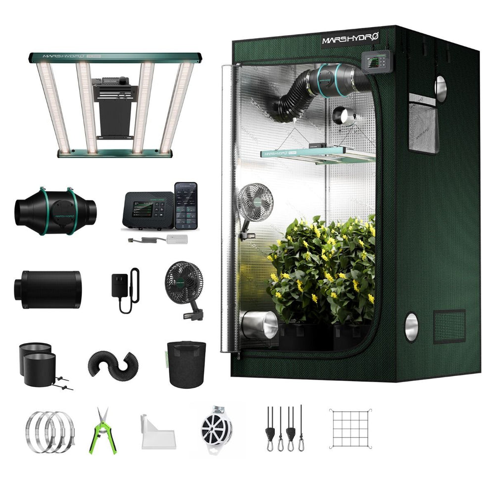 Mars Hydro FC3000 300W 3x3 Pro Smart Grow Tent Kit – iControl Complete System with all accessories on white background 