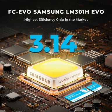 Mars Hydro FC4000 EVO Grow Tent Kit  Samsung FC-EVO LM301H EVO chip on a circuit board with text highlighting its efficiency.