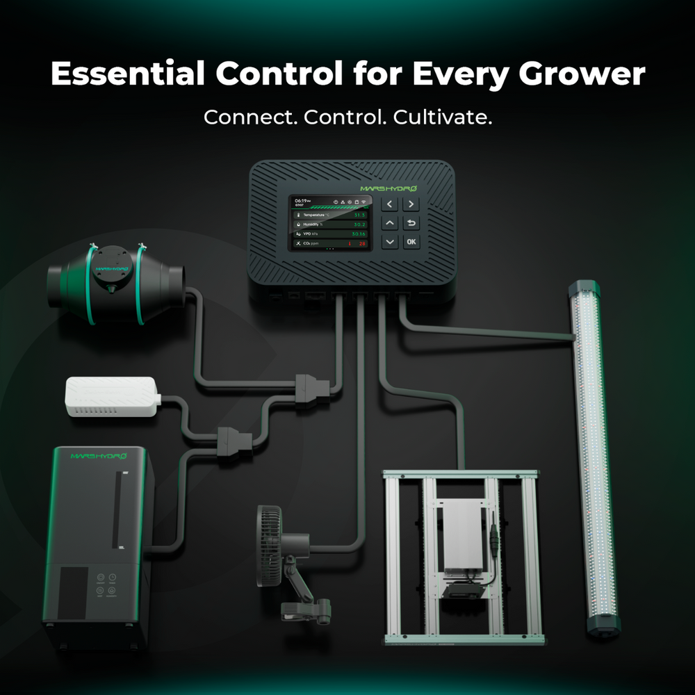 Mars Hydro FC1500 150W LED 2' x 2' Smart Complete Grow Tent Kit showcasing the smart controller and all its compatible devices 