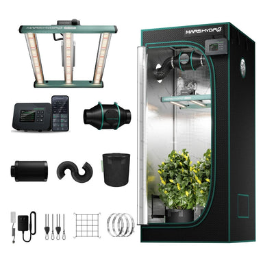 Mars Hydro FC1500 150W 2.6' x 2.6' Smart Grow Tent Kit with iControl with accessories on white background 