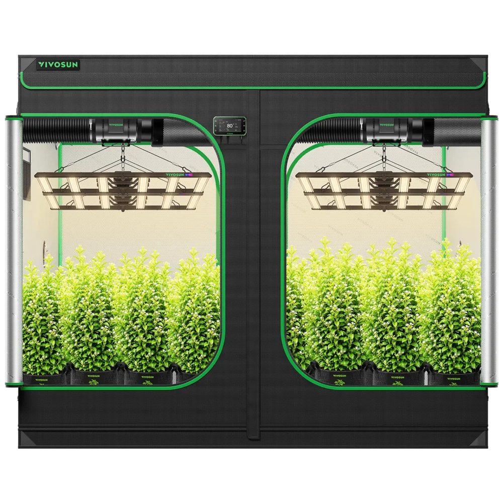 Vivosun 8x8 Smart Grow Tent Kit – 4x 500W LumaLight & GrowHub E42A+ dual-door indoor grow tent with green trim, showing two illuminated compartments filled with bright green plants. The VIVOSUN brand logo is visible on the top left corner.