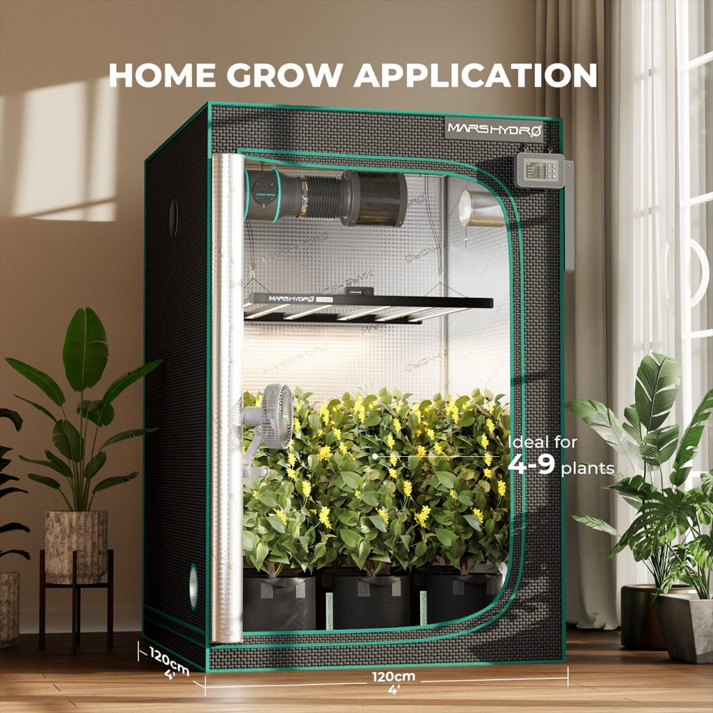 Mars Hydro FC-E4800 480W LED 4x4 Complete Grow Tent Kit Mars Hydro home grow tent with plants inside, ideal for 4-9 plants, in a room setting.