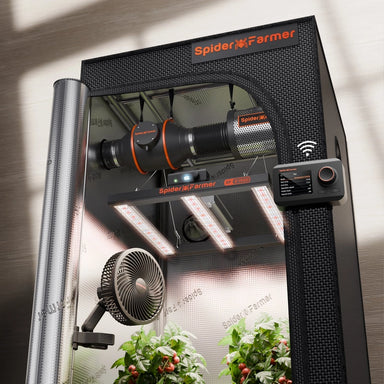 Spider Farmer LED grow light with fan and plants on a neutral background