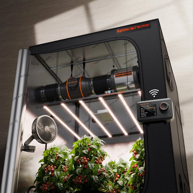 Spider Farmer indoor gardening system with plants growing underneath
