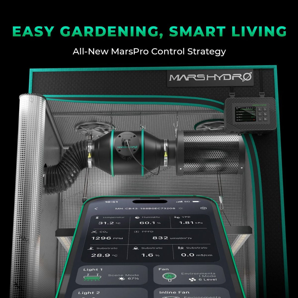 Mars Hydro TS1000 150W 2.6' x 2.6' Smart Grow Tent Kit – iControl System Marshydro control system with smartphone app interface on a black background