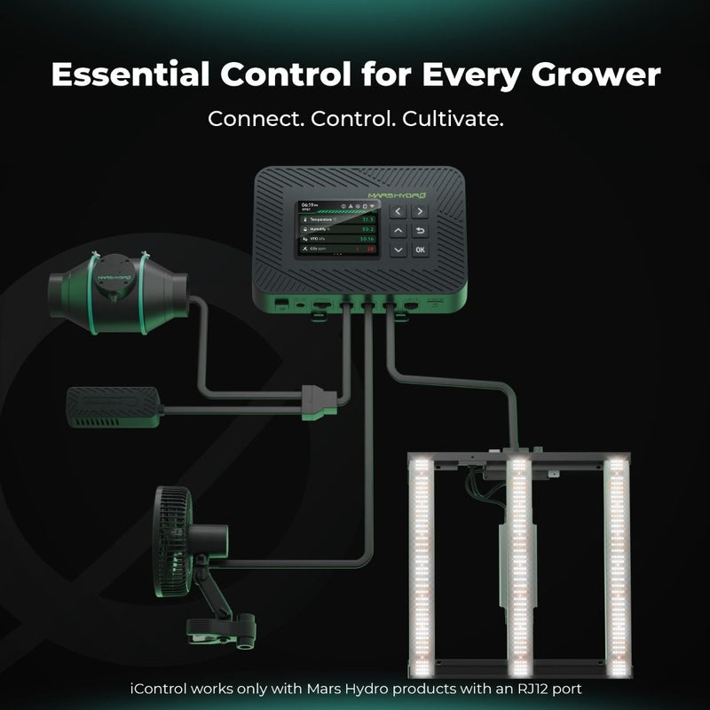 Mars Hydro FC3000-EVO 300W Grow Tent Kit Control panel for Mars Hydro products with text 'Essential Control for Every Grower' on a dark background.