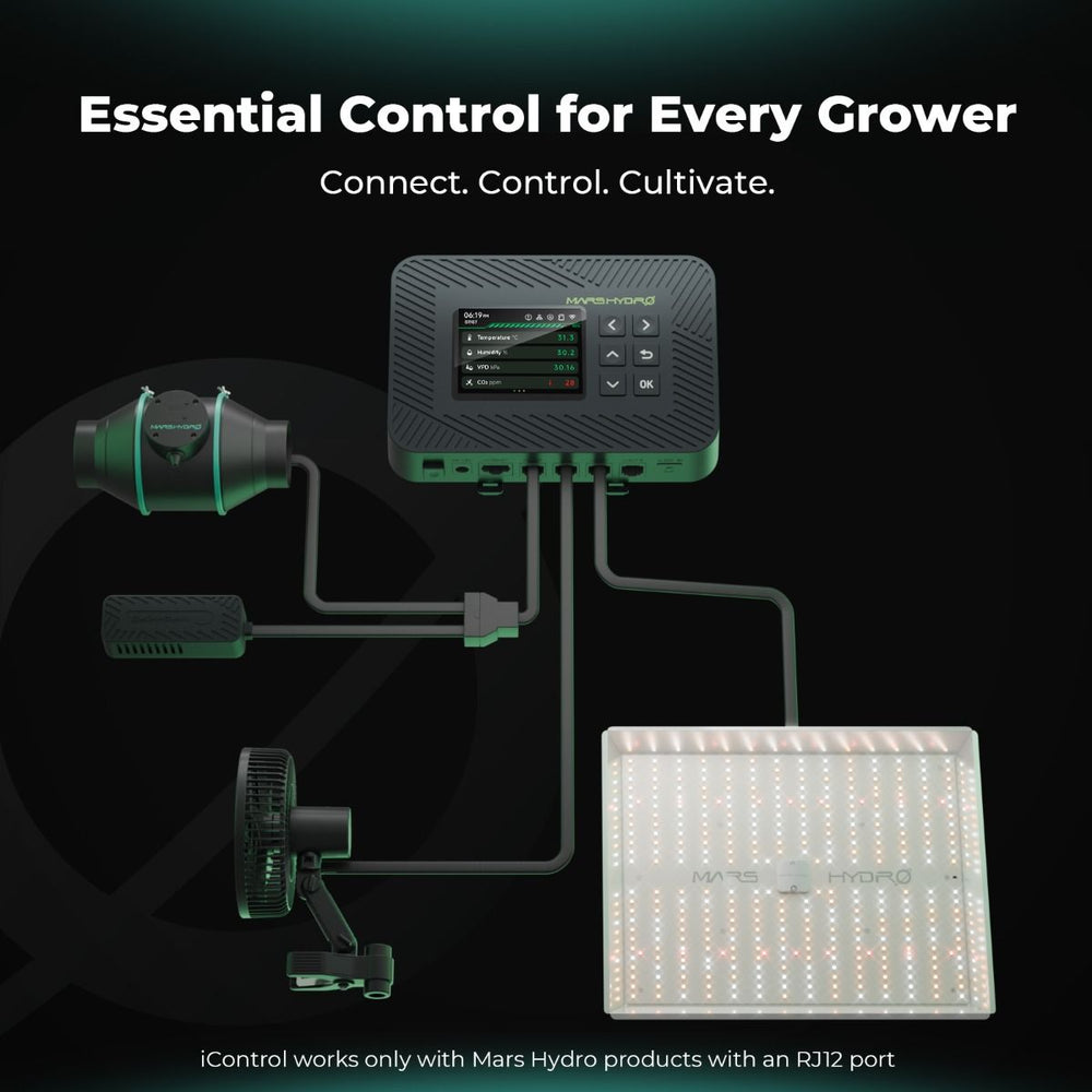 Mars Hydro TSL2000 300W 2x4 Smart Grow Tent Kit with iControl Gardening control system with display, fan, and light on a black background