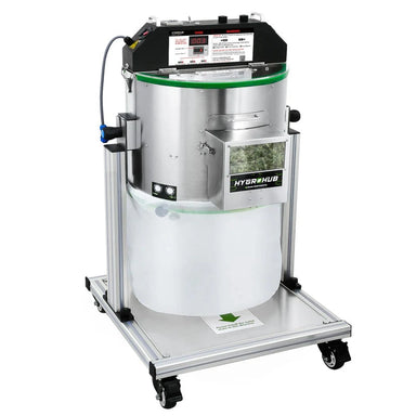 Hygrohub 3000XL Bud Trimmer system with a large white container and control panel on a white background
