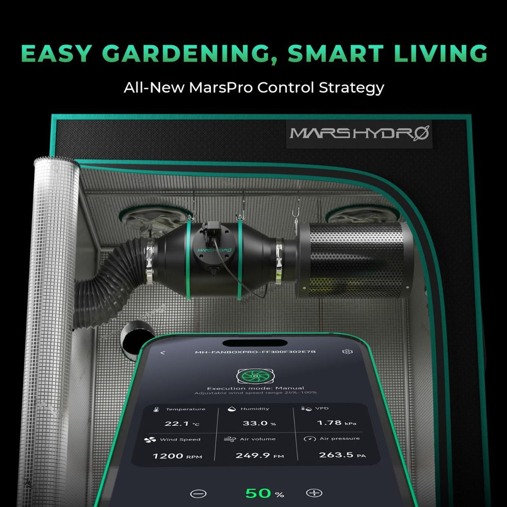 Mars Hydro FC1500 150W LED 2.3' x 2.3' Complete Grow Tent Kit Smart gardening system with control interface and Marshydro branding