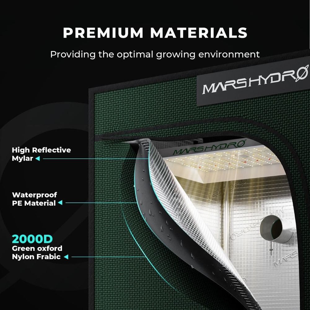 Mars Hydro FC1500 150W LED 2' x 2' Smart Complete Grow Tent Kit promotion on the tent itself showing high reflective mylar waterproof pe material and 2000d oxford nylon 