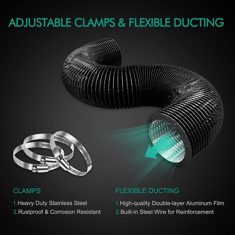 Mars Hydro FC3000-EVO 300W Grow Tent Kit Black flexible ducting with adjustable clamps on a dark background