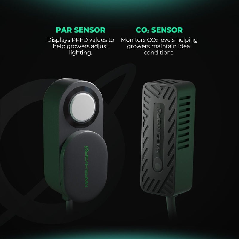Mars Hydro PAR Sensor and CO₂ Sensor Combo  Two sensor devices with text describing their functions on a dark background