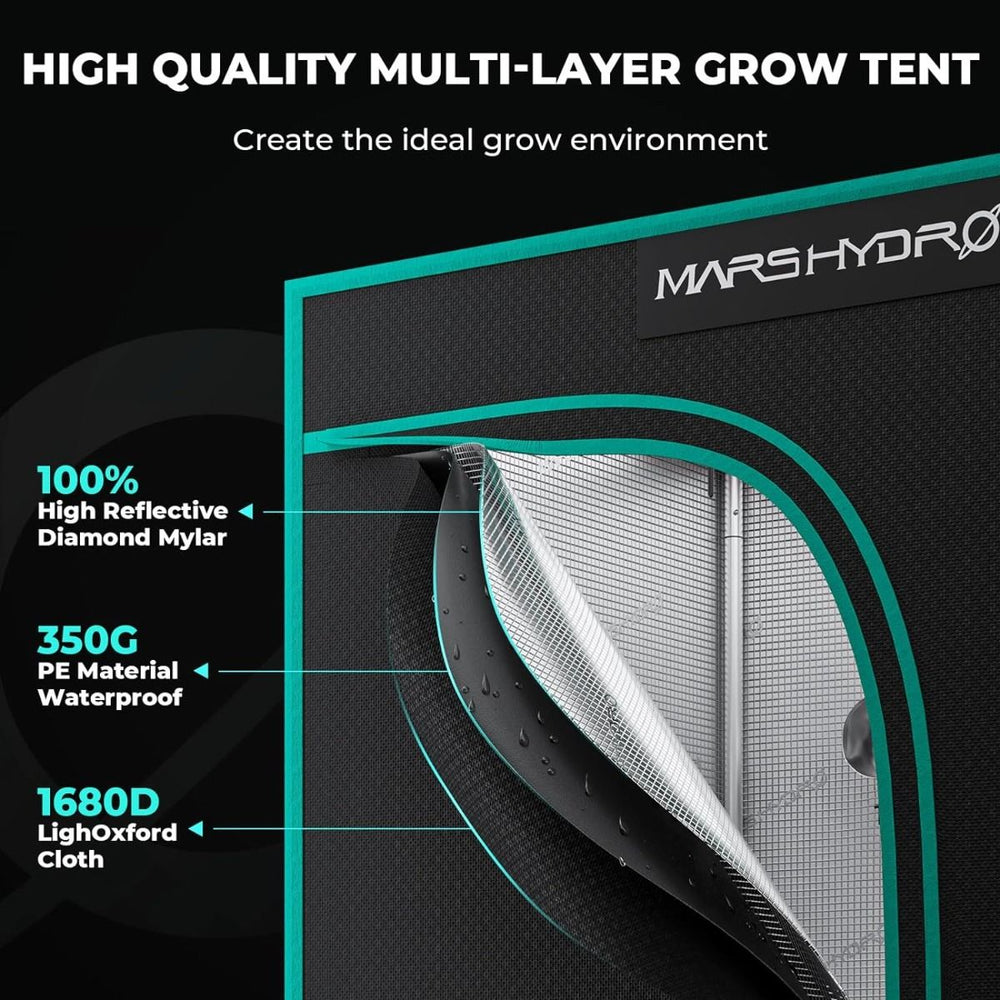 Mars Hydro TS1000 2.6' × 2.6' Complete Grow Tent Kit – Efficient All-in-One Indoor Growing System High-quality multi-layer grow tent with Marshydro branding and material specifications.