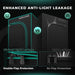 Mars Hydro FC-E4800 480W LED 4x4 Complete Grow Tent Kit Comparison of enhanced anti-light leakage features in a greenhouse setup with 'Mars Hydro' branding.