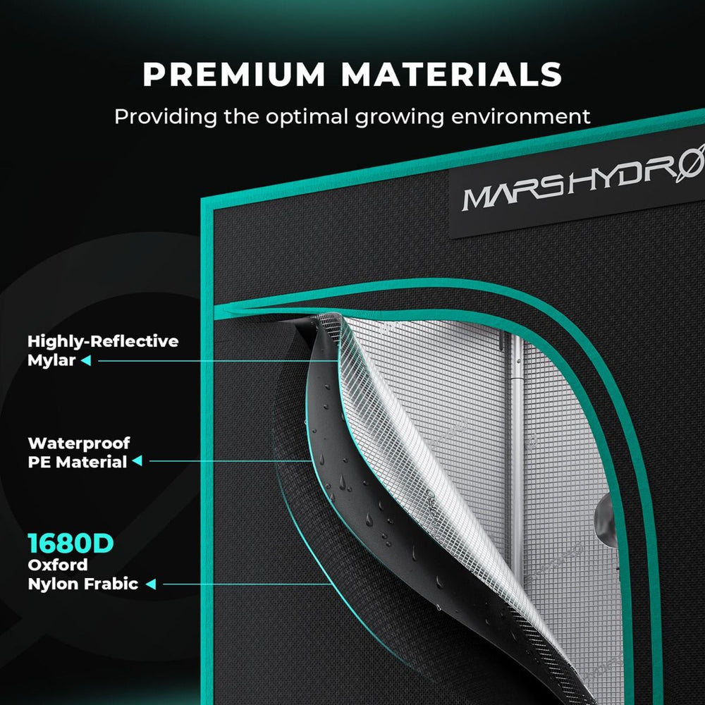 Mars Hydro FC-E1500 150W LED 2.3' x 2.3' Complete Grow Tent Kit Marshydro grow tent with premium material features on a black background