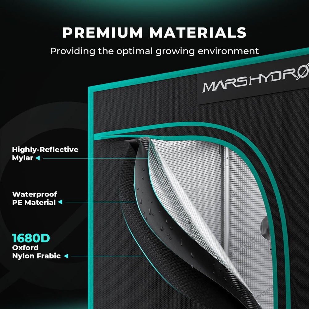 Mars Hydro FC1500 150W LED 2.3' x 2.3' Complete Grow Tent Kit Marshydro grow tent with premium material features on a black background