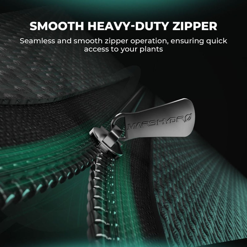 Mars Hydro TSW 2000 Grow Tent Kit  Heavy-duty zipper with  mars hydro branding on a textured green background