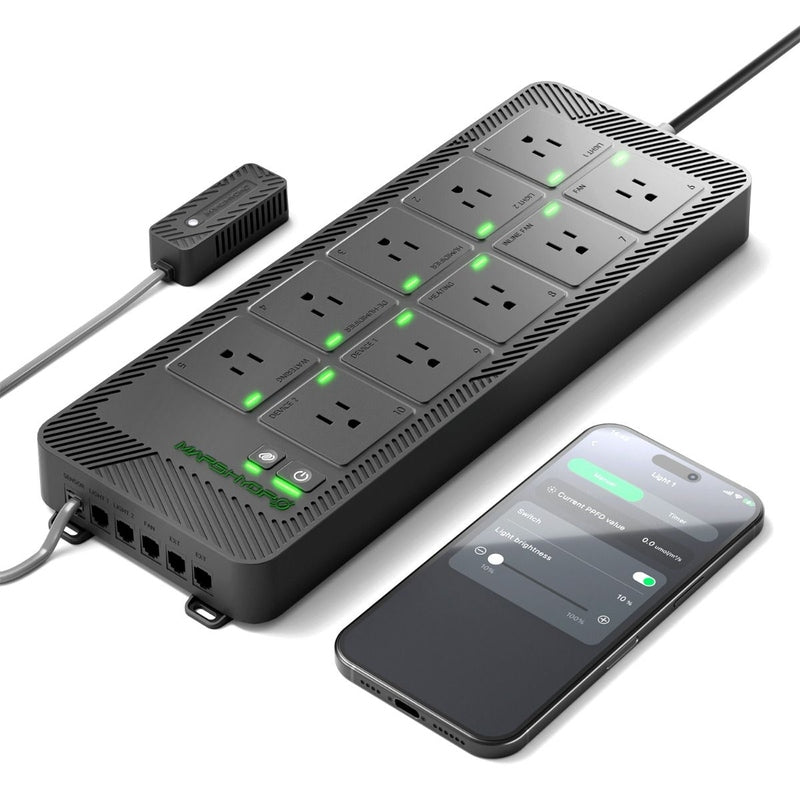 Mars Hydro iHub Pro – Smart 10-Outlet All-in-One Grow Room Hub Black power strip with multiple outlets and a smartphone displaying app interface on a white background