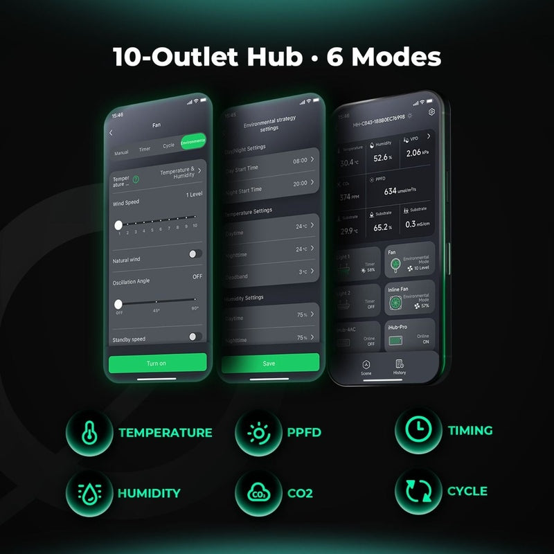 Mars Hydro iHub Pro – Smart 10-Outlet All-in-One Grow Room Hub Three smartphone screens displaying a control app with various settings on a dark background.