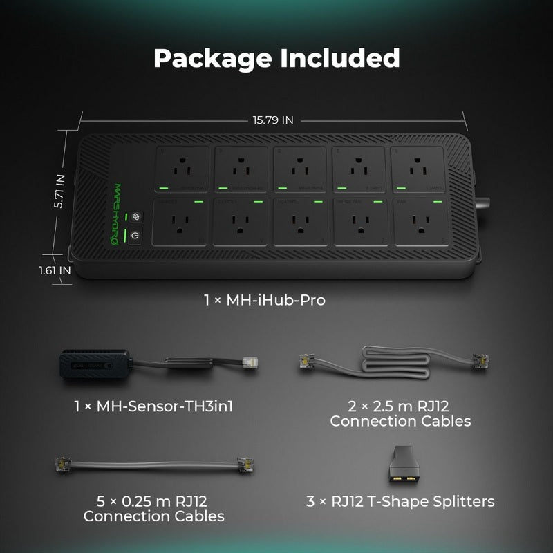 Mars Hydro iHub Pro – Smart 10-Outlet All-in-One Grow Room Hub power strip with included accessories on a dark background