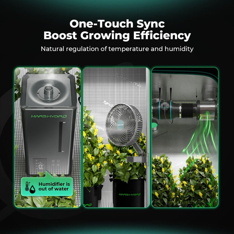 Mars Hydro iHub Pro – Smart 10-Outlet All-in-One Grow Room Hub Glowing green plant with 'Mars Hydro' branding and text about growing efficiency and humidity control.