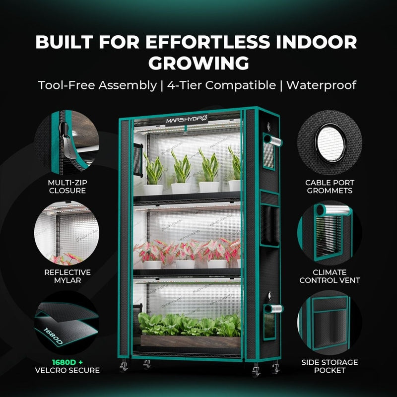 Mars Hydro 4-Tier Plant Stand with 54W LED Grow Lights & Mini Grow Tent – Indoor Plant Shelf