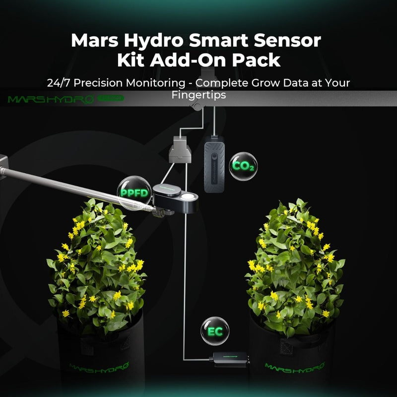 Mars Hydro Smart Sensor Kit – PPFD, CO₂ & Soil Sensors for iControl & iHub Pro Mars Hydro Smart Sensor Kit Add-On Pack with plants and sensor components on a dark background