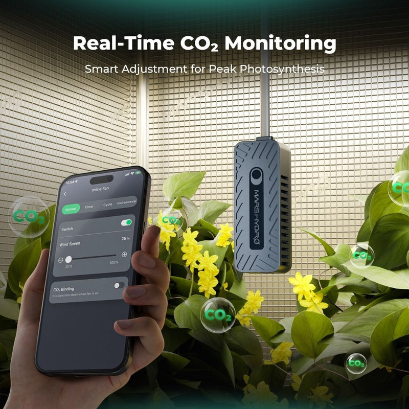 Mars Hydro Smart Sensor Kit – PPFD, CO₂ & Soil Sensors for iControl & iHub Pro Person holding a smartphone with CO2 monitoring app next to a device and plants indoors.