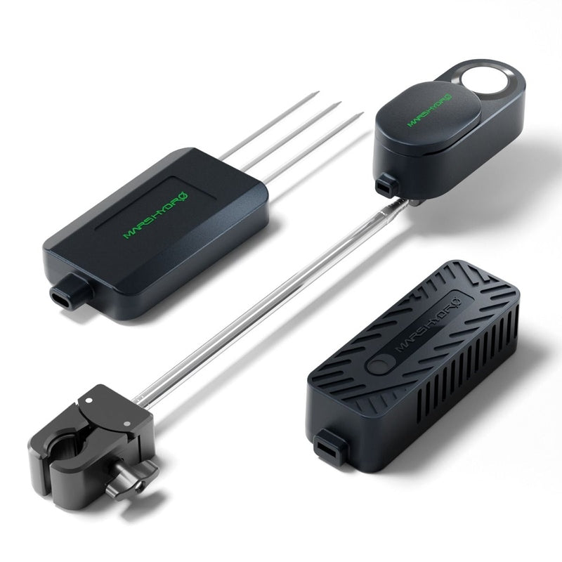 Mars Hydro Smart Sensor Kit – PPFD, CO₂ & Soil Sensors for iControl & iHub Pro Set of black electronic components with visible branding on a white background