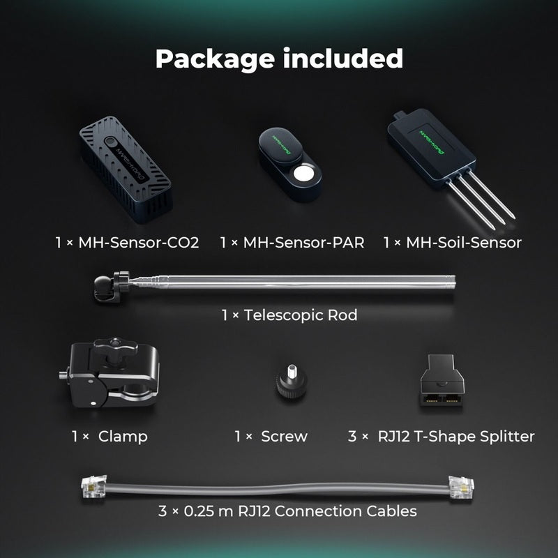 Mars Hydro Smart Sensor Kit – PPFD, CO₂ & Soil Sensors for iControl & iHub Pro List of included items in a package on a dark background