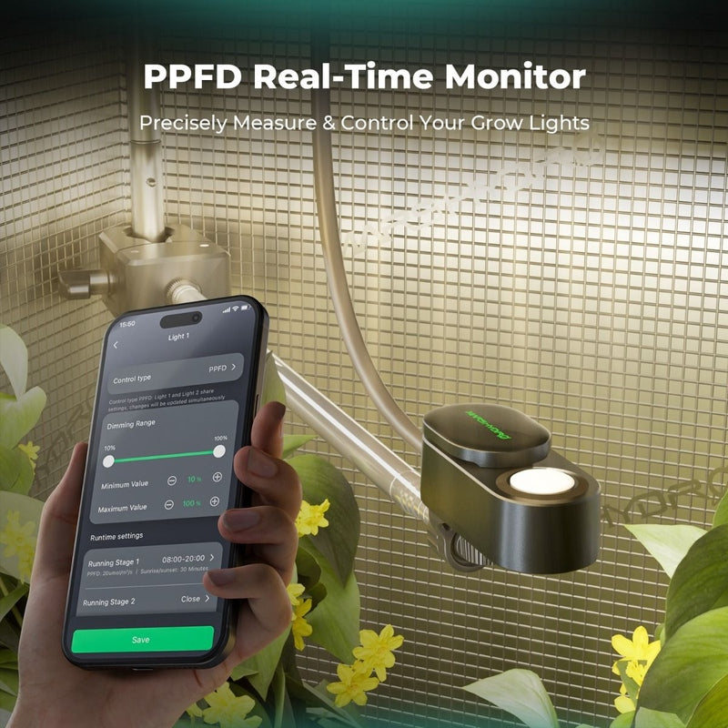 Mars Hydro Smart Sensor Kit – PPFD, CO₂ & Soil Sensors for iControl & iHub Pro PPFD Real-Time Monitor with smartphone app for measuring and controlling grow lights, placed on a surface with plants in the background.