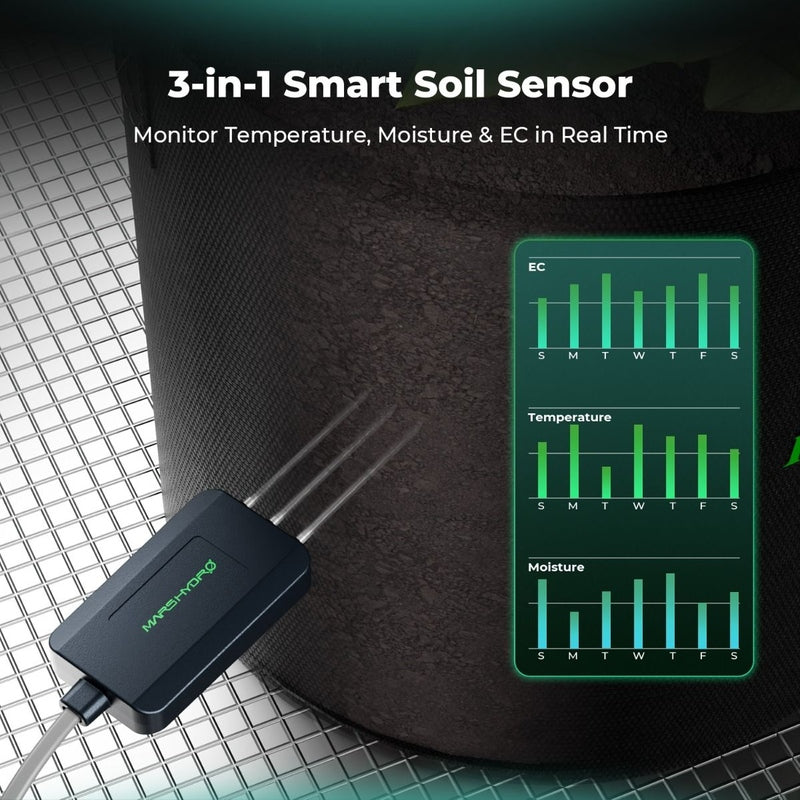 Mars Hydro Smart Sensor Kit – PPFD, CO₂ & Soil Sensors for iControl & iHub Pro 3-in-1 Smart Soil Sensor with digital display on a dark background
